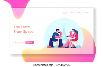 Young Couple Drinking Coffee in Outdoors Cafe in Paris with Eiffel Tower View Website Landing Page. Characters Sitting at Table Drinking Hot Beverages Web Page Banner. Cartoon Flat Vector Illustration