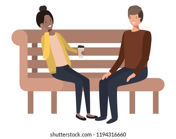 young couple drinking coffee in wooden chair