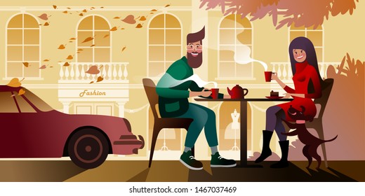 Young couple drinking tea on the autumn terrace of the city cafe. City street scene. Vector illustration