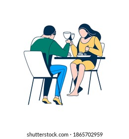 Young couple drinking wine. Man and woman sitting at table, eating and raising their hands with glasses. People having romantic date, celebrating event vector illustration