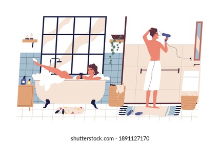 Young couple during everyday hygiene rituals in bathroom. Woman surfing internet in smartphone and lying in foamy bath tub. Man drying hair with hairdryer. Flat vector illustration isolated on white