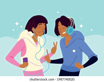 young couple with earphones listen music