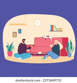 Young couple eating cookies with tea in comfortable living room vector design illustration