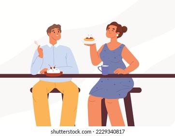 Una pareja joven comiendo postres juntos. Hombre y mujer disfrutan de dulces en la cafetería. Gente degustando deliciosos platos dulces en la cafetería. El concepto de azúcar. Dibujo vectorial plano de dibujos animados