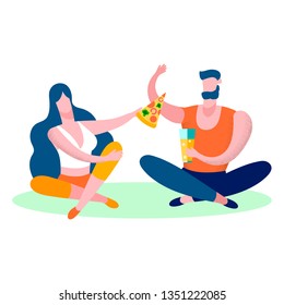 Young Couple Eating Pizza Flat Vector Illustration. Girlfriend Offer Pizza Slice to Boyfriend. Two Friends Enjoy Fast Food Cartoon Characters. Adults Dating. Spring, Summer Picnic in Park, Countryside