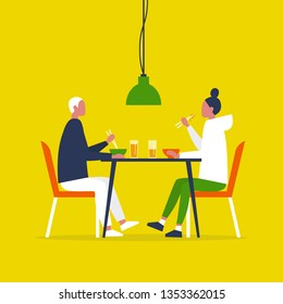 Young couple eating ramen with the chopstics. Date. Restaurant. Daily life. Flat editable vector illustration, clip art