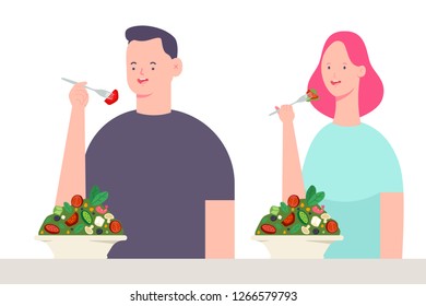 Young couple eating salad. Vector cartoon character of man and woman. Healthy food illustration isolated on white background.