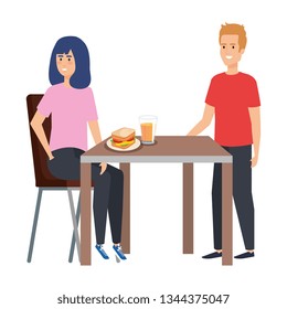 young couple eating in table characters