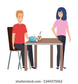young couple eating in table characters