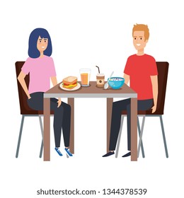young couple eating in table characters