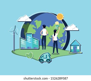 young couple with eco friendly scene and set icons vector illustration design