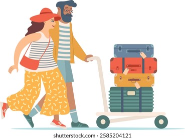 Young couple embarks on a long-awaited journey. summer vacation, adventure, airport luggage, tourism, joyful trip, travel fun, exploring new destinations, holiday journey, getaway excitement. 
