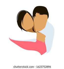 Young couple embrace vector flat illustration. Valentines day illustration with women and man grasp. Love minimalist print. 