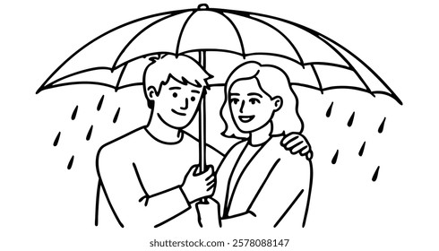 A young couple embraces each other with love and care. Happy man and woman hide from the rain under an open umbrella. line art icon sign silhouette vector illustration 