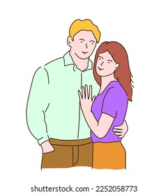 A young couple embraces, looks at each other. A guy and a girl in love together. Vector linear graphics, hand drawing.