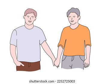 A young couple embraces  looks at each other  Two gay guys in love and each other holding hands  The concept homosexuality  equality rights  Vector line graphics  freehand drawing 
