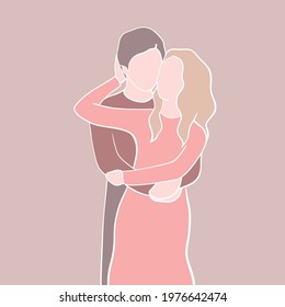 Young Couple Embracing, Lovely Hugs Of A Couple, Vector Freehand Illustration, Abstract Portrait