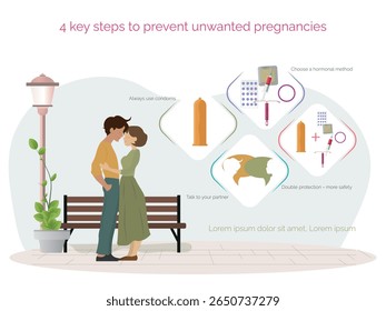 Casal jovem que se abraça perto de um banco, apresentando um infográfico delineando quatro passos-chave para prevenir gravidezes indesejadas através de métodos contraceptivos eficazes
