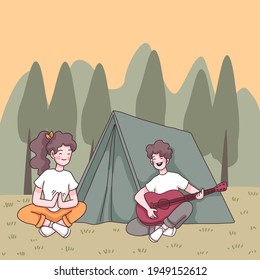 Young couple enjoy with camping, man playing guitar with girlfriend at front of tent in forest park, cartoon character drawing design style flat vector illustration