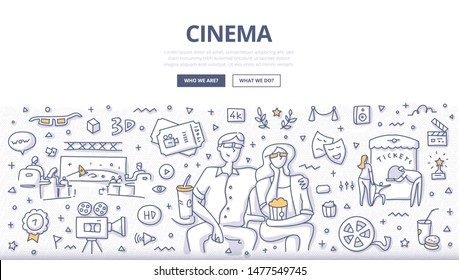 Young couple enjoy watching movie or motion picture in cinema. Doodle illustration for web banners, hero images, printed materials