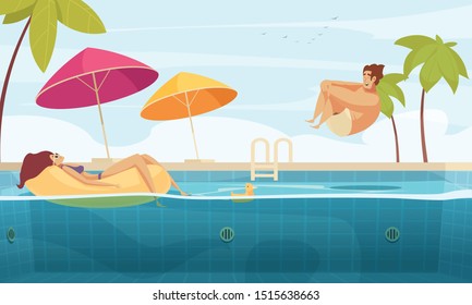 Young couple enjoying aqua park tropical paradise floating jumping in heated outdoor pool comics composition vector illustration 