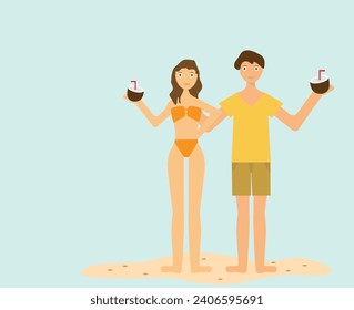 Young couple enjoying beach site and drinking coconut water with wearing summer cloths and standing at beach. Flat vector illustration.