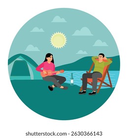 Young couple enjoying camping by the lake with music and relaxing in the sun. Depicting outdoor recreation surrounded by natural beauty. couple hiking adventure concept.