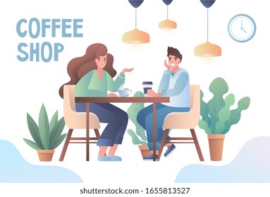 Young couple enjoying coffee together in a Coffee Shop or Cafe seated at a table talking between potted plants, vector illustration