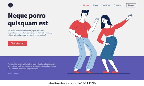 Young couple enjoying dancing. Guy and girl having fun at student party flat vector illustration. Dancing class, hobby, celebration concept for banner, website design or landing web page