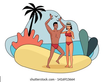 Young couple enjoying and dancing summer in swimsuit on beach scenery vector illustration graphic design