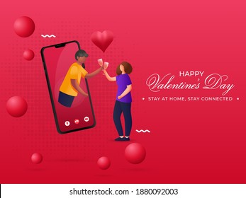 Young Couple Enjoying Drinks Through Video Call On The Occasion Of Happy Valentine's Day Stay At Home, Stay Connected.