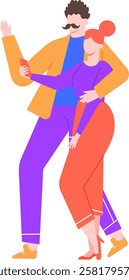 Young couple enjoying a moment together, taking a cheerful selfie with a smartphone while waving and smiling, man embracing woman in a colorful vector illustration on a white background