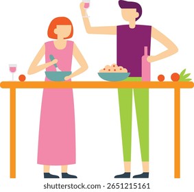 Young couple enjoying a moment together in a modern kitchen, mixing fresh ingredients in a bowl while sipping wine at a high table, creating a delightful meal and celebrating their love