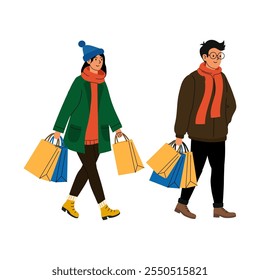 Pareja joven disfrutando de un día de compras en atuendo de invierno casual con bolsos coloridos