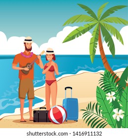 Young couple enjoying summer at beach scenery cartoon vector illustration graphic design