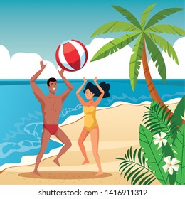 Young couple enjoying summer at beach scenery cartoon vector illustration graphic design