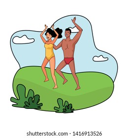 Young couple enjoying summer dancing in swimsuit on grass outdoors scenery vector illustration graphic design