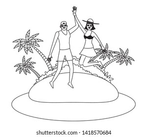 Young couple enjoying summer jumping in swimsuit in the beach scenery vector illustration graphic design
