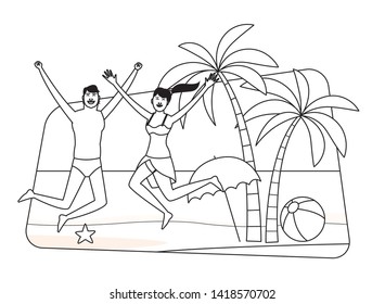 Young couple enjoying summer jumping in swimsuit in the beach scenery vector illustration graphic design