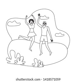 Young couple enjoying summer jumping in swimsuit in the beach scenery vector illustration graphic design