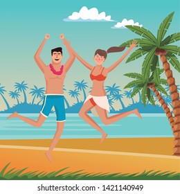 Young couple enjoying summer jumping in swimsuit in the beach scenery vector illustration graphic design