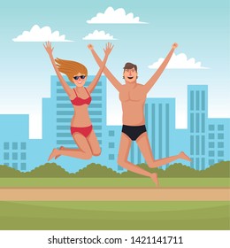 Young couple enjoying summer jumping in swimsuit in city park buildings scenery vector illustration graphic design