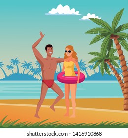 Young couple enjoying summer in swimsuit in beach at sunny day scenery vector illustration