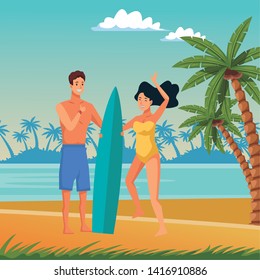 Young couple enjoying summer in swimsuit with surf table in beach at sunny day scenery vector illustration