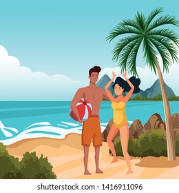 Young couple enjoying summer in swimsuit with beach ball in beach at sunny day scenery vector illustration