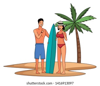 Young couple enjoying summer in swimsuit with surf table on beach scenery vector illustration graphic design