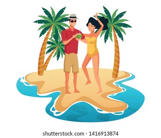 Young couple enjoying summer in swimsuit drinking coconut cocktail and dancing in beach at sunny day scenery isolated vector illustration