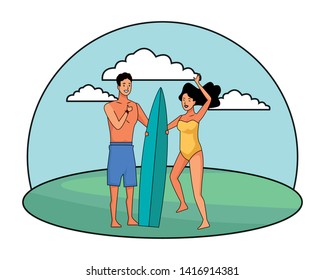 Young couple enjoying summer in swimsuit with surf table at park outdoors vector illustration graphic design