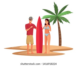 Young couple enjoying summer in swimsuit with surf table in beach at sunny day scenery isolated vector illustration