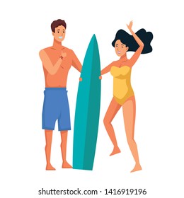 Young couple enjoying summer in swimsuit with surf table